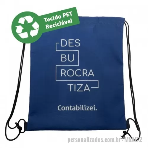 Mochila saco personalizada - Mochila ecológica personalizada sacochila. Tamanho 31x38 cm (LxA), tecido reciclável pet, com corda de nylon para fechamento.