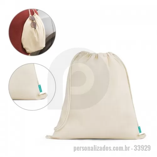 Mochila saco personalizada - Sacola tipo mochila 100% algodão orgânico (120 g/m²) proveniente de um cultivo sustentável, sem químicos ou pesticidas e etiqueta Label Organic. 370 x 410 mm