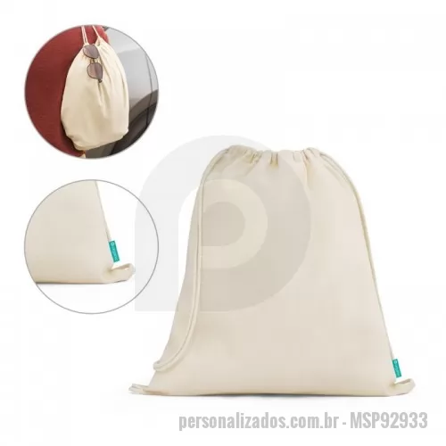 Mochila saco personalizada - Saco tipo mochila 100% algodão orgânico (120 g/m²). 370 x 410 mm