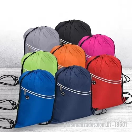 Mochila saco personalizada - Mochila saco em fibra de poliéster resistente à água com bolso frontal e entrada para fones de ouvido.