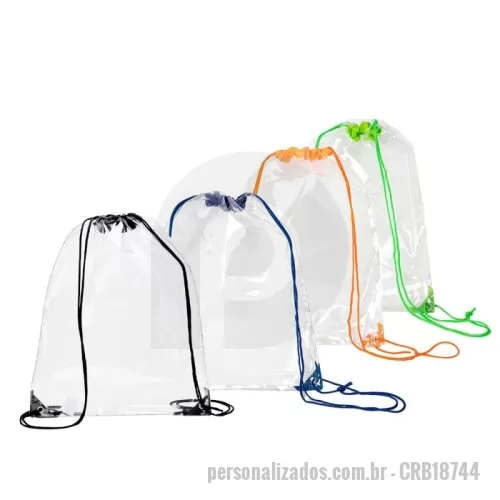 Mochila saco personalizada - Mochila Saco em PVC transparente com detalhes em tecido nylon, alças reguláveis e dois ilhós metálicos.