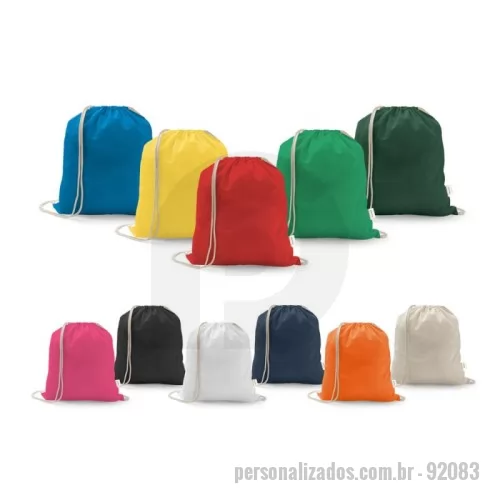 Mochila saco personalizada - Sacola tipo mochila em 70% algodão reciclado e 30% poliéster reciclado (150 g/m²), com alças de algodão. O tecido é sem tingimento, é utilizado na sua cor original, sem produtos químicos de tingimento ou branqueamento, contribuindo para um menor impacto ambiental. 370 x 410 mm