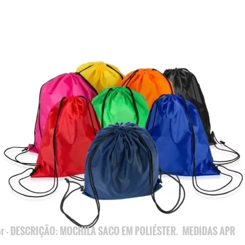 Mochila saco personalizada - Descrição: Mochila saco em poliéster.  Medidas aproximadas para gravação (CxL):  39,3 cm x 34 cm  Tamanho total aproximado  (CxL):  41 c