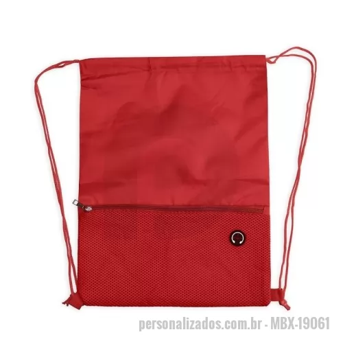 Mochila saco personalizada - Descrição: Mochila saco confeccionada em poliéster 420D com bolso externo em malha com entrada para fones de ouvido e alças ajustáveis em nylon.  Altura :  44 cm  Largura :  34 cm