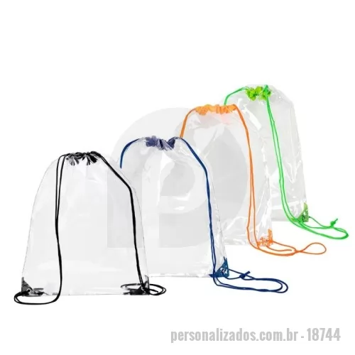 Mochila saco personalizada -  Sacochila em PVC transparente com detalhes em tecido nylon, alças reguláveis e dois ilhós metálicos.