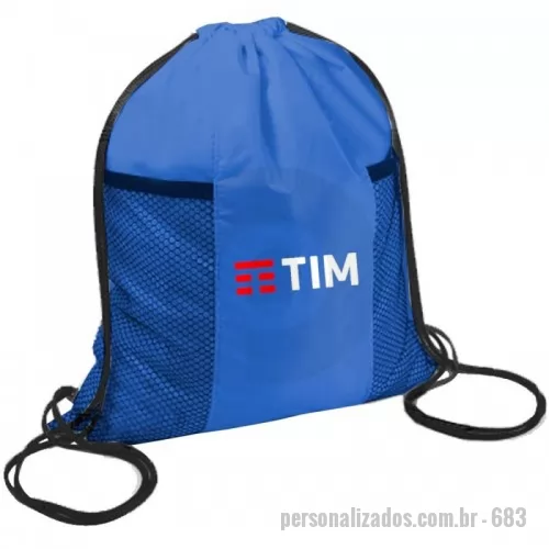 Mochila saco personalizada - Mochila saco com bolso frontal.produzida em nylon 210 ou emborrachado, possui alças em cordões. Gravação em serigrafia. Somos fabricantes, produzimos esse produto em qualquer cor. Medidas 33x45. 