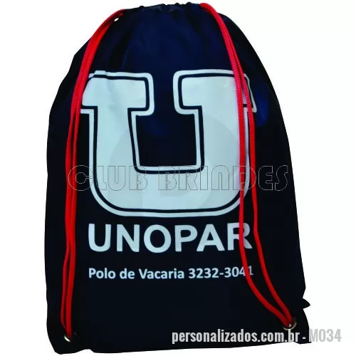 Mochila saco personalizada - Sacola mochila com alça dupla de ombro em cordão. Disponível em várias cores. Gravação da Logomarca em 1 Cor já inclusa.  Tamanho: 40 cm X 30 cm.  Revestimento Externo: Nylon.