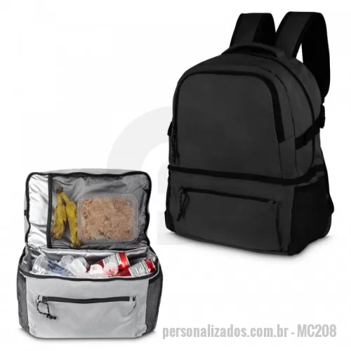 Mochila térmica personalizada - Mochila com compartimento térmico em tecido poliéster.  Parte externa: Dois bolsos laterais. Bolso frontal Alça de mão e ombro acolchoado.A alça de ombro esquerda possui 1 abridor de garrafa.  Parte interna: Compartimento térmico ideal para transportar alimentos. Dois bolsos pequenos.