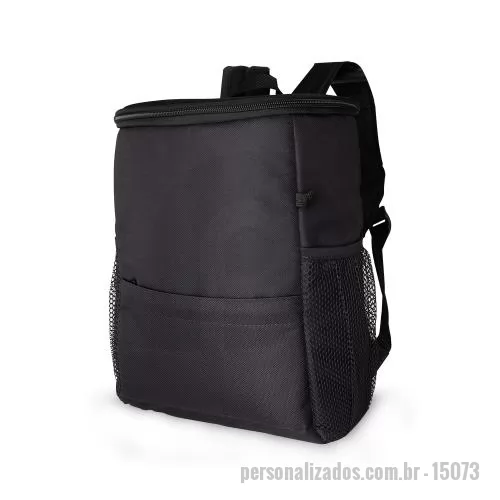 Mochila térmica personalizada - Mochila térmica 10L confeccionada em nylon, possui três compartimentos, sendo o principal térmico com saco antivazamento, um exclusivo com proteção antifurto e bolsos laterais telados. 33 cm x 28 cm x 18 cm