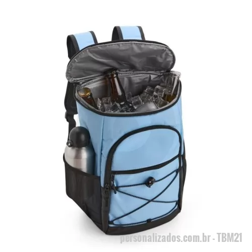 Mochila térmica personalizada - Mochila térmica confeccionada em poliéster impermeável com detalhes em couro sintético e capacidade máxima de 13 litros.