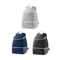 Mochila térmica em 600D com um bolso frontal com zíper e dois bolsos laterais em tela mesh. Capacidade até 10 L. Certificação EU Food Grade. 280 x 340 x 140 mm