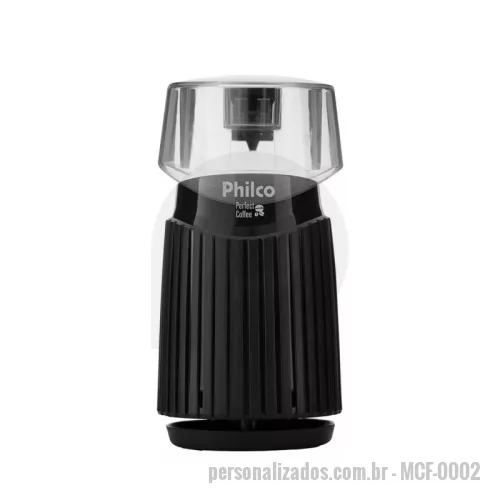 Moedor de café personalizado - As especificações técnicas do produto incluem a marca Philco, na cor preta, com voltagem de 127V e potência de 160W. Suas dimensões são 16,5 cm de altura, 11 cm de largura e 11 cm de profundidade, com peso líquido de 0,6 kg.