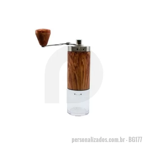 Moedor de café personalizado - Moedor de Grãos de café manual em vidro, alumínio e madeira.