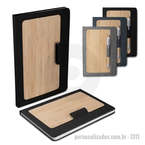 Moleskine personalizado - Caderno de anotações com suporte para caneta, capa dura em material reciclável e bambu, miolo com 80 folhas pautadas na cor bege. NÃO ACOMPANHA CANETA.
