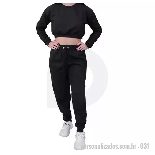 Moletom personalizado - Conjunto Moletom Cropped Feminino Manga Longa Preta