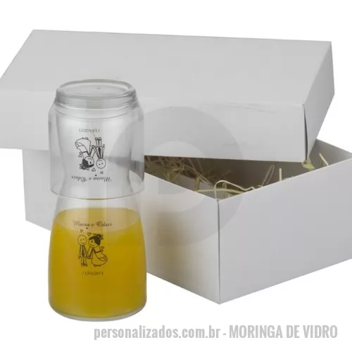 Moringa personalizada - Moringa de Vidro 500 ml., e copo de vidro 290 ml., caixa em papelão duplex branco