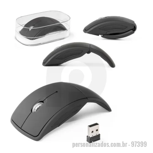 Mouse dobrável personalizado - Mouse wireless dobrável 2.4G. em ABS com acabamento emborrachado. Incluso 2 pilhas AAA. Fornecido em caixa transparente.