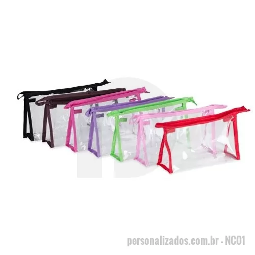 Nécessaire personalizado - Necessaire plástica transparente com detalhe colorido em nylon.