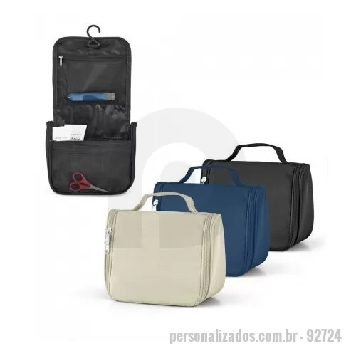 Nécessaire personalizado - Bolsa de cosméticos em microfibra com vários bolsos interiores e gancho de pendurar. 200 x 160 x 85 mm