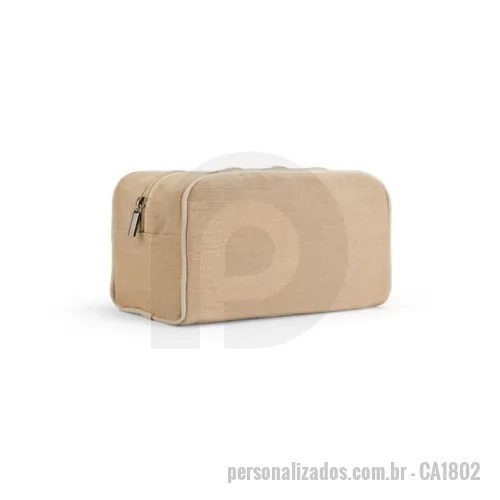 Nécessaire personalizado - Bolsa de cosméticos em juco (mistura de algodão e juta, 260g/m²) com interior forrado em tecido 70% algodão reciclado e 30% poliéster reciclado. Compartimento espaçoso com zíper