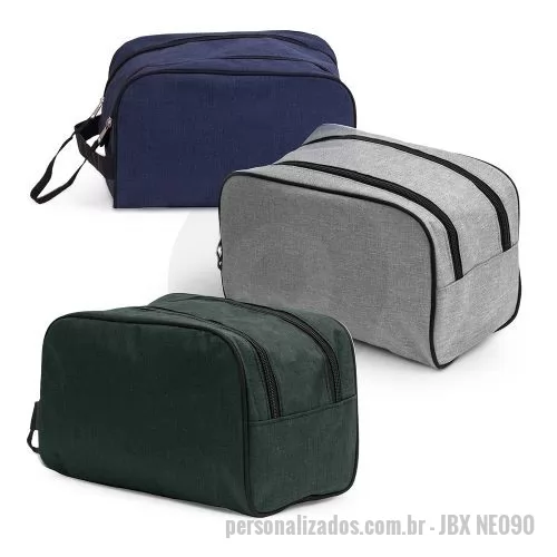 Nécessaire personalizado - Necessarie tecido polyester, cursor duplo para fechamento com alça, trava com velcro, alça de mão, gravação Frontal.