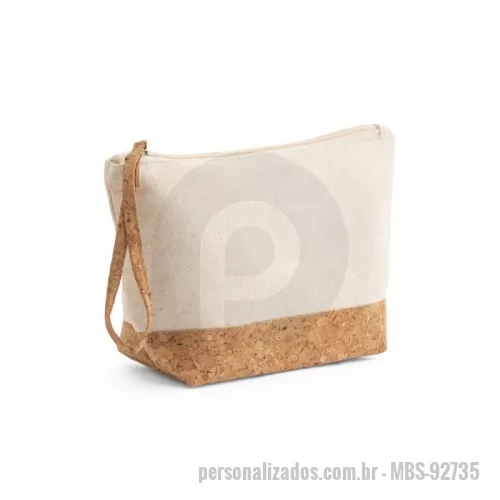 Nécessaire personalizado - Bolsa de cosméticos 100% algodão (280 g/m²) com detalhes em cortiça no fundo da bolsa, e puxador que também tem a função de pega para facilitar o transporte. O interior é forrado, sendo de fácil limpeza e rápida secagem, ideal para guardar maquiagem. 