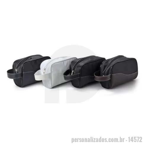 Nécessaire personalizado - Nécessaire de couro sintético e nylon, contém alça para transporte e alça pequena para acesso de chaveiro ou gancho.