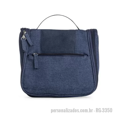 Nécessaire personalizado - Necessaire organizadora em nylon Oxford, bolso frontal e alça superior, gancho plástico interno, bolso de tela, 4 divisões de bolsos em tela.