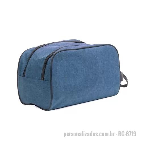 Nécessaire personalizado - Nécessarie tecido polyester 600D, cursor duplo para fechamento com alça, trava com velcro, alça de mão, gravação Frontal.