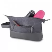 Necessarie com detalhes em couro sintético, tecido poliéster, alça de mão e bolso externo