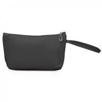 Necessaire impermeável de PVC, possui forro interno em poliéster e alça lateral externa para transporte.