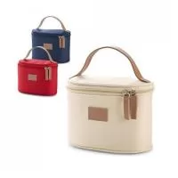 Bolsa de cosméticos em microfibra com detalhe em c. sintético e zíper duplo. 180 x 120 x 100 mm