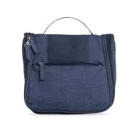 Necessaire organizadora em nylon Oxford, bolso frontal e alça superior, gancho plástico interno, bolso de tela, 4 divisões de bolsos em tela.