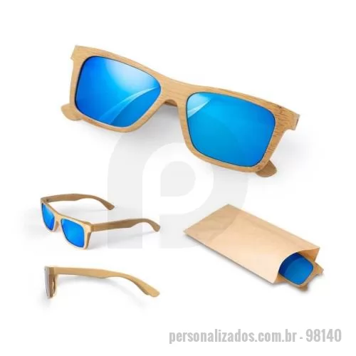 Óculos de sol personalizado - Óculos de sol em bambu com lentes espelhadas e proteção UV400. Produto amigo do ambiente. Fornecido em bolsa de papel kraft. 147 x 46 x 150 mm