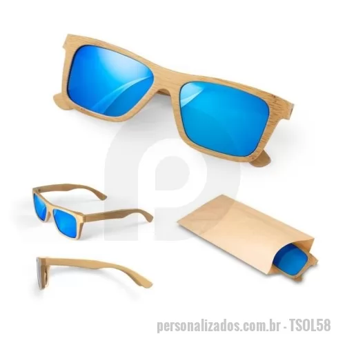 Óculos de sol personalizado - Óculos de sol em bambu com lentes espelhadas e proteção uv400. Produto amigo do ambiente. Fornecido em bolsa de papel kraft.