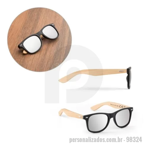 Óculos personalizado - Óculos de sol com armação em PP e bambu. Lentes espelhadas de categoria 3 e UV400 de proteção. Em conformidade com as normas EN ISO 12312-1. A cor e o resultado da impressão nos materiais naturais pode variar entre produtos. 146 x 49 x 150 mm
