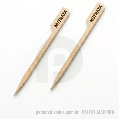 Palito para aperitivo personalizado - Palito de madeira personalizado para sanduíches, lanches e finger foods, produzido em madeira natural com acabamento liso e resistente.