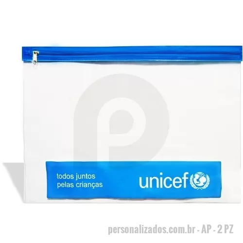 Pasta zip zap personalizada - Pasta zip fabricada em P.V.C Cristal 0.20 com fechamento por solda eletrônica e ziper na abertura. Tamanho padrão 38×28 cm. Gravação em silk.
