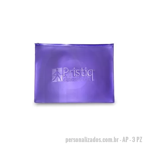 Pasta zip zap personalizada - Pasta zip fabricada em All Clear com fechamento por solda eletrônica, zip zap ou ziper na parte superior . Tamanho padrão 38×28 cm. - Gravação em silk.