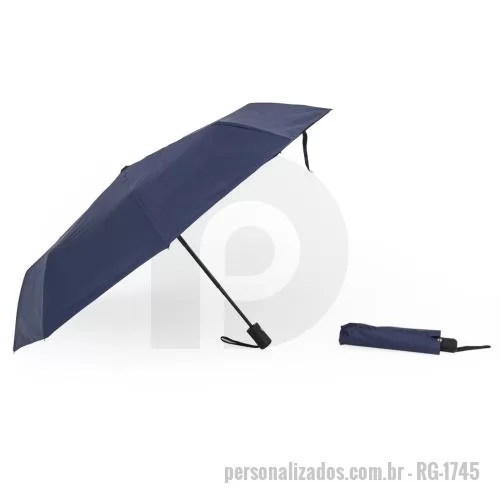Pegador personalizado - Guarda-chuva automático de nylon com impacto impermeável e proteção UV, tecido interno em vinil. Com estrutura em aço e 8 varetas em fibra de vidro, possui pegador plástico com botão de ação e alça de nylon. Acompanha capa protetora.