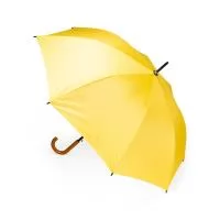 Guarda-chuva em poliéster de impacto impermeável com abertura automática por botão em plástico. Possui estrutura com haste em metal, pegador em polipropileno (PP) com acabamento semelhante à madeira, oito varetas metálicas e faixa para fechamento em 
