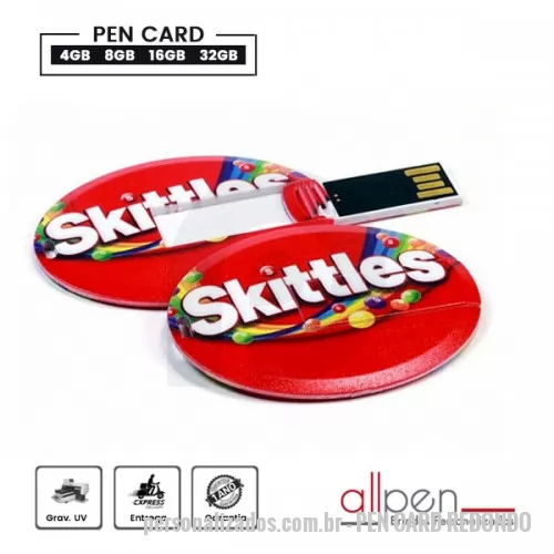 Pen Card personalizado - Pen Card Personalizado - PEN CARD REDONDO - Pen Card redondo com impressão UV digital frente e verso nas capacidades de, 4, 8, 16 e 32GB. - 109528 - Pen Card