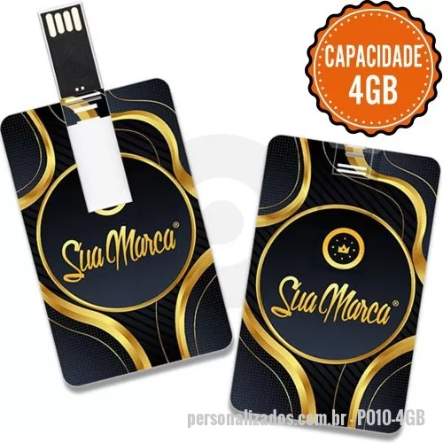 Pen Card personalizado - Pen cards personalizados no formato de cartão de visita, confeccionados em plástico com memória oculta. Possui acabamento frontal liso e parte traseira com relevo do suporte. Personalização sem limites de cores e capacidades de 4GB, 8GB, 32GB e 64GB