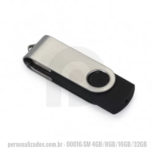 Pen Drive personalizado - Pen drive de metal giratório 4GB/8GB/16GB/32GB, parte interna preta em plástico resistente. Possui uma “argola” na parte em metal que poderá ser utilizado para colocar algum cordão.