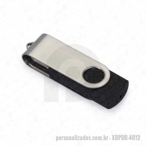 Pen Drive personalizado - Pen drive de metal giratório 4 / 8 / 16 / 32 GIGAS, parte interna preta em plástico resistente. Possui uma argola na parte em metal que poderá ser utilizado para colocar algum cordão. Tamanho total aproximado (CxL): 5,8 cm x 2 cm. Peso aproximado (g): 14. GRAVAÇÃO: Laser, medidas aproximadas 2,5 cm x 1,5 cm