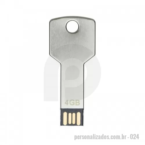 Pen Drive personalizado - Pen drive alumínio formato chave 4GB/8GB.  Medidas aproximadas para gravação (CxL):  2,5 cm x 1 cm  Tamanho total aproximado  (CxL):  6,3 cm x 2,4 cm  Peso aproximado (g):  5