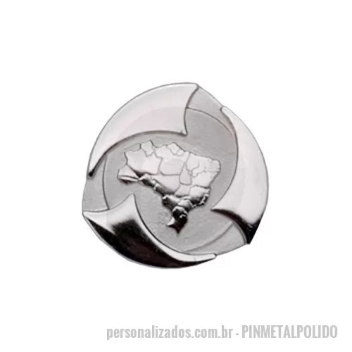 Pin personalizado - Pin em metal alto relevo polido, banho latão, niquelado ou dourado, fixação com feixo de latão ou super imã que não fura a roupa. Desenvolvemos qualquer formato ou medida. Consulte-nos