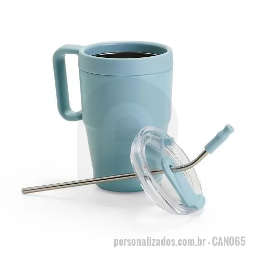 Pintura Eletrostática personalizada - Com capacidade de até 600ml, esta caneca térmica em inox possui pintura eletrostática, parede dupla, base antiderrapante e tampa plástica com vedação a vácuo. O protetor emborrachado para o bocal oferece mais segurança no uso, enquanto o acesso para 