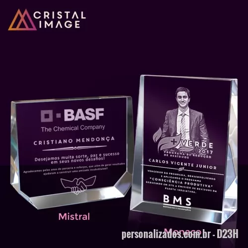 Placa comemorativa de cristal ou vidro personalizada - Paaca Cristal diversos tamanhos e formatos com gravação interna a laser