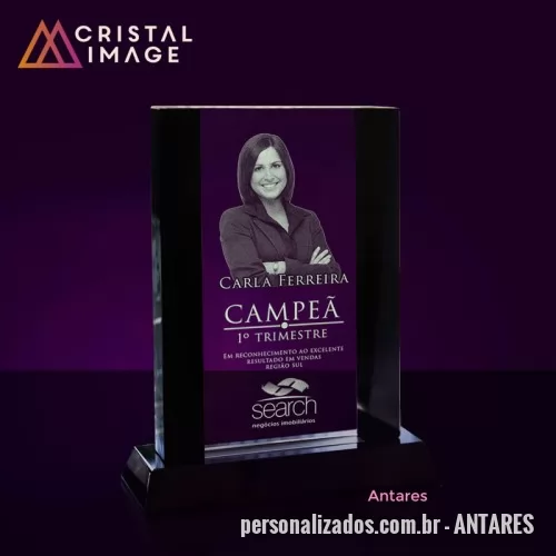 Placa comemorativa de cristal ou vidro personalizada - PLaca cristal com laterais em crystal blacl e gravação interna a laser